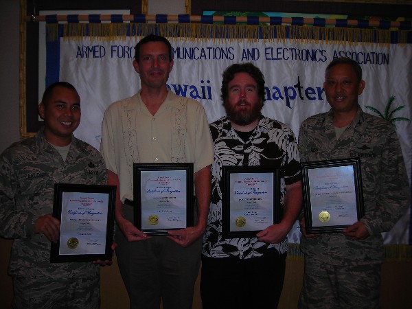Award recipients and representatives in August are (l-r) Col. Reynold T. Hioki, USANG, Senior Government Leader of the Month; John Galliano, AFCEAN of the Month; Patrick Langton representing Executive of the Month Karen James; Master Sgt. Jason Zarudny, USAF, representing Young AFCEAN of the Month Stephen Sims.